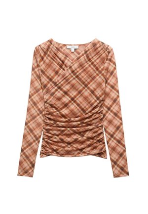 Top a maniche lunghe stile avvolgente con motivo a quadri in tonalità marrone tenue e arancione. Presenta dettagli arricciati lungo i lati per aggiungere texture.