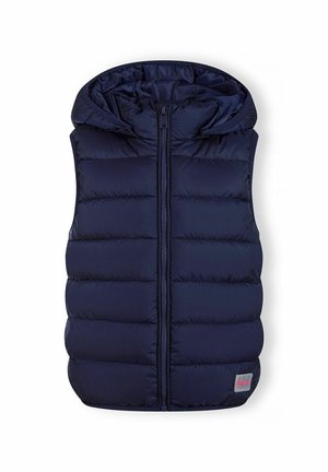 Marineblauwe gewatteerde bodywarmer met capuchon, voorzien van doorgestikte delen en een rits aan de voorkant. Heeft een klein logoplaatje aan de onderkant rechts.