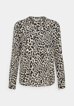 Leopardenmuster-Bluse mit langen Ärmeln, einer geknöpften Knopfleiste und einem V-Ausschnitt. Hergestellt aus leichtem, glattem Stoff in Creme- und Schwarztönen.
