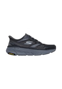 Scarpa da corsa da uomo Skechers nera e grigia con suola spessa e imbottita, suola Goodyear, logo laterale e tomaia in mesh traspirante.