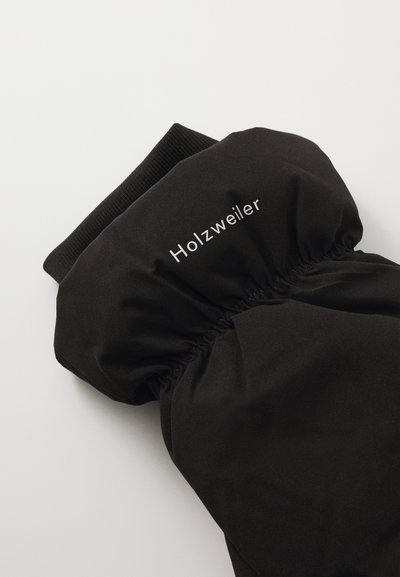 Sort polstret handske med elastisk manchet, der har teksten "Holzweiler" i hvid broderi. Glat stof med en blød tekstur.