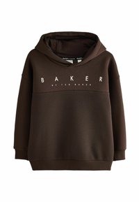 Hnedá mikina s kapucňou a textúrovaným panelom, na prednej strane s nápisom "BAKER" v bielej farbe. Navrhnutá s voľným strihom a sťahovacou kapucňou.