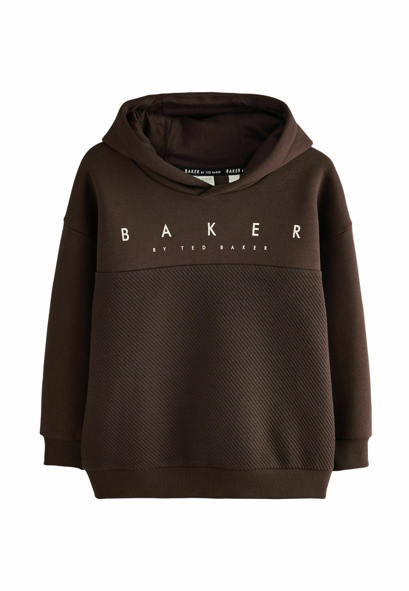 Hnedá mikina s kapucňou a textúrovaným panelom, na prednej strane s nápisom "BAKER" v bielej farbe. Navrhnutá s voľným strihom a sťahovacou kapucňou.