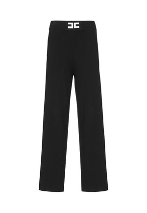 Pantaloni neri a gamba larga con una vita testurizzata che presenta un logo bianco. Realizzati in un tessuto liscio, offrono una vestibilità comoda.