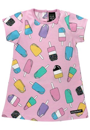 Blassrosa Kurzarmkleid mit bunten Eis am Stiel-Muster. Hergestellt aus Bio-Baumwolle mit einem runden Ausschnitt und Druckknopfverschluss auf der Rückseite.