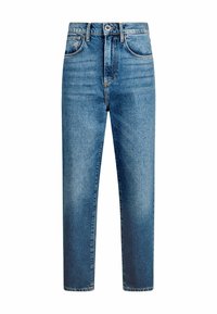 Vaqueros de denim azul con un corte recto, cintura alta, cinco bolsillos y un ligero desvanecimiento. Costura a máquina y cierre de botón en la cintura.