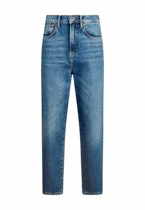 Blue denim jeans with a straight-leg cut, high waist, five pockets, and subtle fading. Machine stitching and a button closure at the waist.