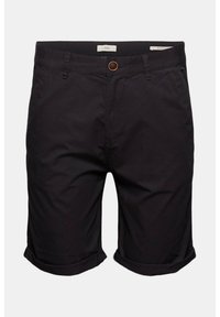 Short noir décontracté longueur genou avec revers roulés, fermeture boutonnée et poches latérales avant, présenté sur un fond uni.