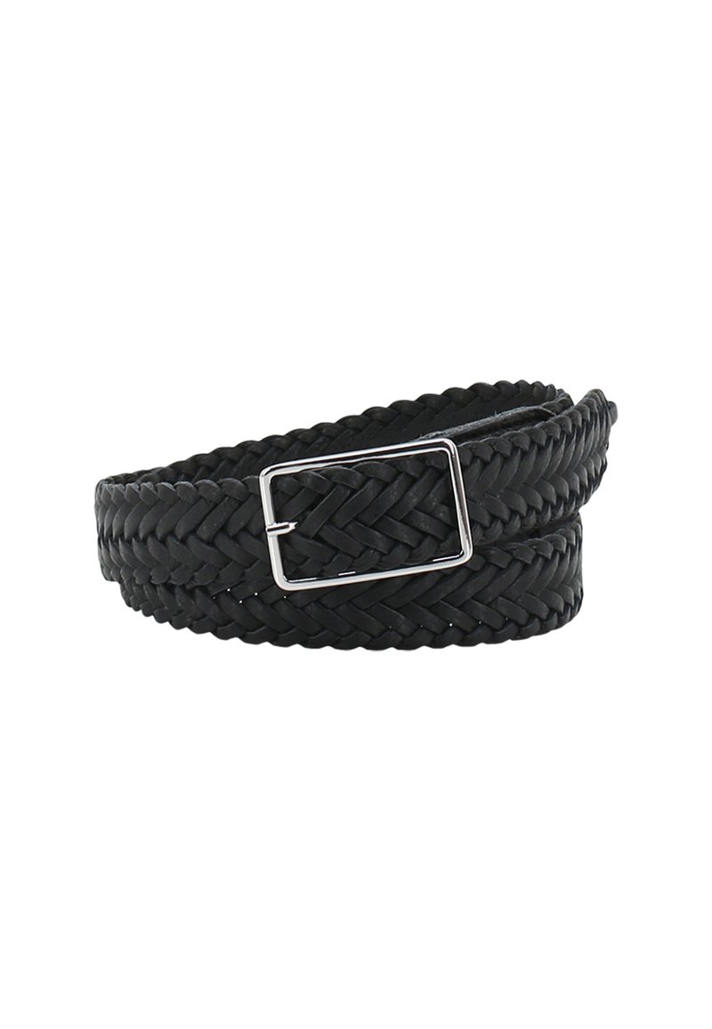 Schwarzer geflochtener Ledergürtel mit einer silbernen quadratischen Schnalle. Besitzt ein strukturiertes Design und glatte Kanten, mit einer Breite von etwa 3 cm.