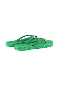 Zielone klapki z teksturowaną podeszwą, z dwoma cienkimi paskami. Paski mają połyskujące wykończenie, podczas gdy podeszwa ma pleciony wzór.