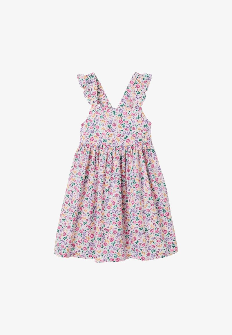 Robe sans manches pour fille avec bretelles à volants et motif floral multicolore sur fond clair.