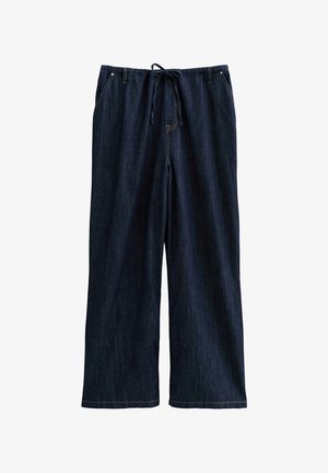 Mörk denimbyxor med vida ben och dragsko i midjan, med två framfickor och en slät, stadig textur.