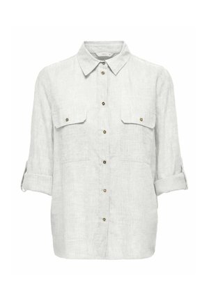 Weißes Leinenhemd mit langen Ärmeln, Knopfleiste vorne, Brusttaschen, hochgekrempelten Ärmeln mit Knopfmanschetten und spitzem Kragen.