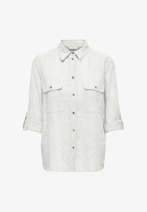 Weißes Leinenhemd mit langen Ärmeln, Knopfleiste vorne, Brusttaschen, hochgekrempelten Ärmeln mit Knopfmanschetten und spitzem Kragen.