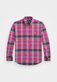 Rosa rutigt långärmad skjorta med knappar, accentuerad med blått, grönt och lila; har en klassisk krage och en liten broderad logotyp på bröstet.