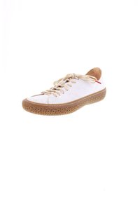 White sneaker with a textured upper, beige laces, and a rubber sole featuring a circular pattern. Red accent near the heel.