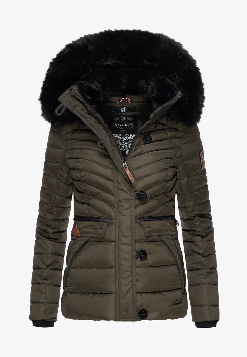 Olivengrøn polstret jakke med en faux fur hætte, der har en lynlåslukning, to lynlåslommer og stikninger på kroppen.