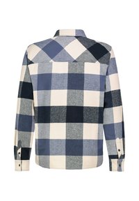 Blaue und graue karierte Langarmbluse, aus Baumwollmaterial, mit geknöpften Manschetten, klassischem Kragen, unterschiedlichen quadratischen Mustern und geradem Saum.