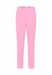Pantaloni su misura rosa con una finitura liscia, vestibilità slim, vita media e gambe dritte. Realizzati in un tessuto elasticizzato per garantire comfort.