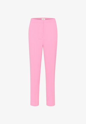 Pantalons tailleur roses avec une finition lisse, coupe slim, taille mi-haute et jambes droites. Fabriqués en tissu extensible pour le confort.