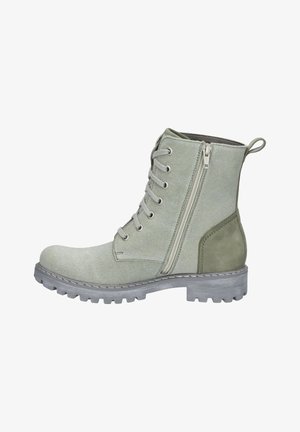 Zielone botki za kostkę wykonane z płótna o teksturowanym wykończeniu, z bocznym zamkiem błyskawicznym, sznurowanym przodem oraz wytrzymałą gumową podeszwą.