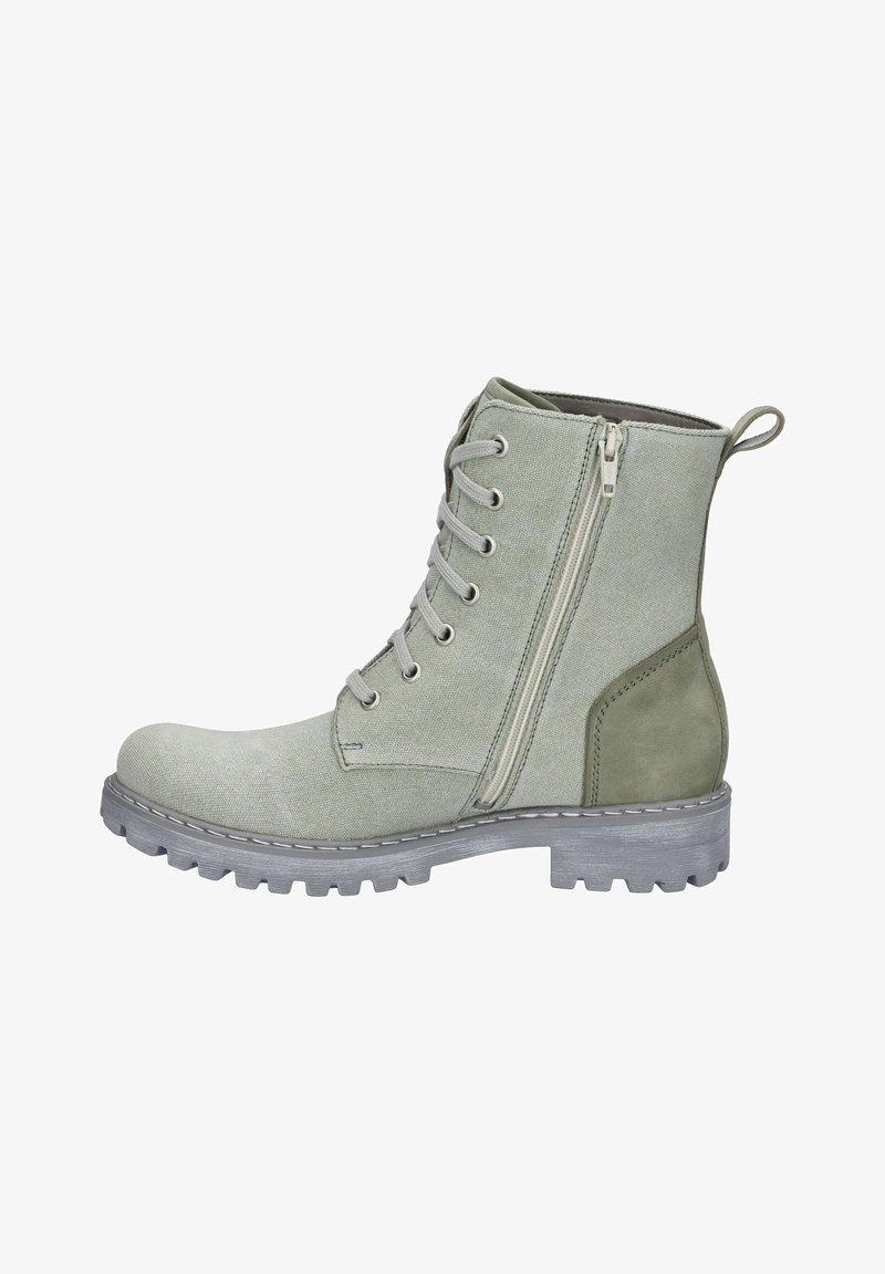 Zelené kotníkové boty vyrobené z plátna s texturovaným povrchem, s bočním zipem, šněrováním v přední části a robustní gumovou podešví.