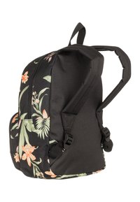 Zwarte rugzak met bloemenprint met oranje en groene bloemen. Gemaakt van duurzaam materiaal, heeft het gevoerde schouderbanden en een voorvak met ritssluiting.
