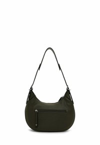 Borsa a spalla in pelle verde con forma curve, tasca frontale con zip e tracolla sottile. Superficie testurizzata e dettagli in metallo argentato.