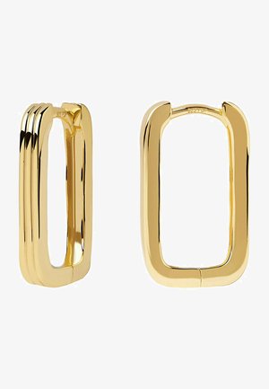 Orecchini a cerchio rettangolari in oro con finitura lucida, caratterizzati da un design elegante e lievi scanalature su un lato per una maggiore texture.