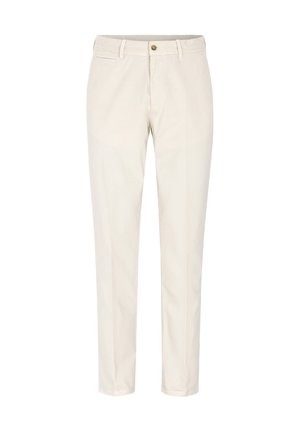 Ljust beige bomullsbyxor med rak benmodell, framfickor och knappgylf. Har en mjuk textur och minimalistisk design.