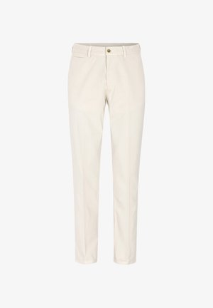 Helle beigefarbene Baumwollhose mit geradem Schnitt, Fronttaschen und Knopfverschluss. Ausgezeichnete glatte Textur und minimalistisches Design.