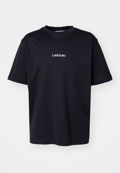 Black cotton t-shirt with short sleeves and a crew neck. Features white "LARDINI" lettering on the chest. Smooth texture, relaxed fit.