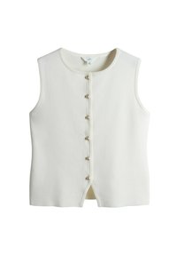 Krémový bezrukávový top z jemného pleteného materiálu s okrúhlym výstrihom a šiestimi ozdobnými perlami po prednej strane, so štvrťovým rozparkom na spodnom leme.