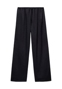 Pantalones de pierna ancha negros, confeccionados en tela suave, con una cinturilla elástica y cordón ajustable para un ajuste personalizable. Sin patrones ni elementos metálicos visibles.