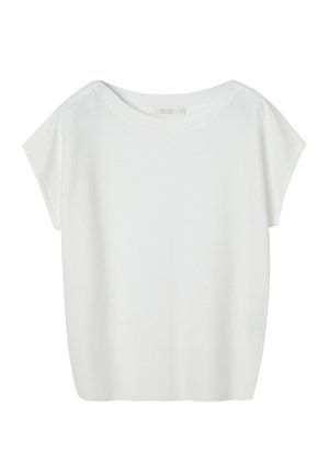 Valge lühikeste varrukatega ümara kaelusega lahtise lõikega T-särk, millel on ees keskmine õmblus, esitletud valgel taustal.