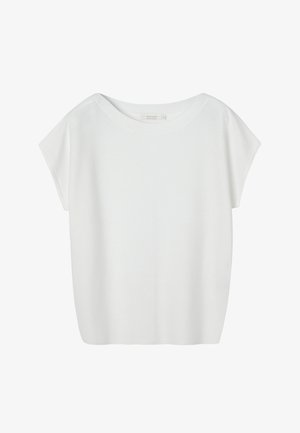 Camiseta blanca de manga corta con cuello redondo y corte holgado, con una costura central en la parte delantera, mostrada sobre un fondo blanco.