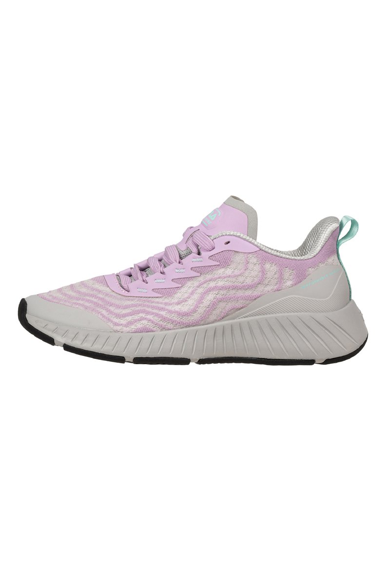 Scarpa da atletica leggera con suola in gomma grigia, tomaia in rete testurizzata rosa e grigia, e dettagli in turchese. Presenta un design con lacci.