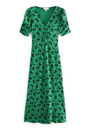 Robe fleurie verte avec manches courtes bouffantes, encolure en V, détail froncé au niveau du corsage, et silhouette évasée en A.