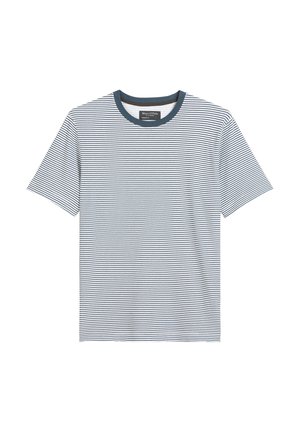 Striped t-shirt in navy and white, short sleeves, round neck, cotton material, features horizontal stripes and a solid navy collar.