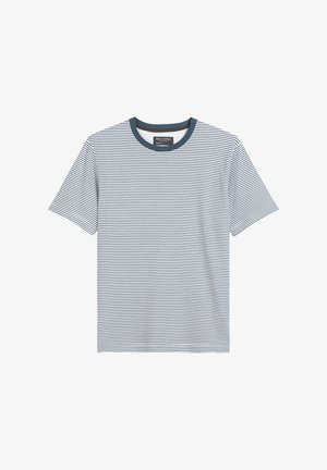 Gestreiftes T-Shirt in Marineblau und Weiß, mit kurzen Ärmeln, Rundhalsausschnitt, aus Baumwollmaterial, mit horizontalen Streifen und einem einfarbigen marineblauen Kragen.