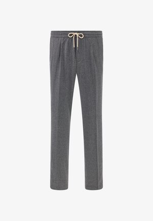 Harmaat, tekstuurilla varustetut housut, joissa on joustava vyötärö ja säädettävä beigen värinen nyöri. Housuissa on kaksi sivutaskua ja suora lahkeiden muotoilu.