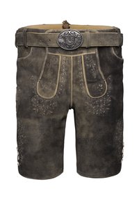 Shorts in pelle marrone con motivi floreali in rilievo, cuciture a contrasto, una cintura con fibbia in argento e bottoni decorativi sui lati.
