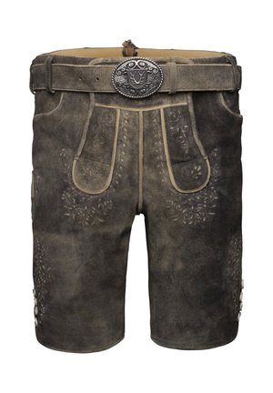 Bruna lädershorts med blommönstrade präglingar, kontrasterande sömmar, ett bälte med en silversp�änne och knappdekorationer på sidorna.