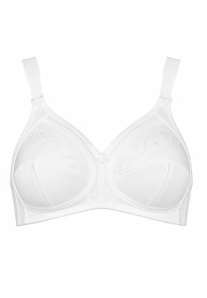 Witte bh van gladde stof, met beugelondersteuning, geborduurde details, verstelbare banden en bescheiden bedekking. Klassiek ontwerp zonder vulling.