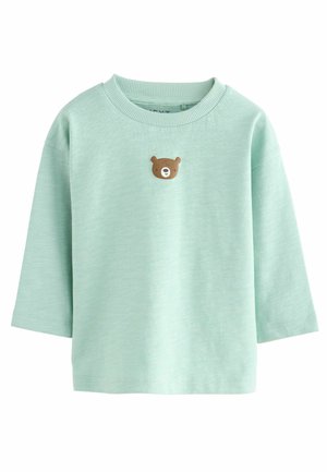 Mintgroene longsleeve shirt van zachte stof, met een kleine appliqué van een bruine berengezicht op de borst. Geribde ronde hals en manchetten.