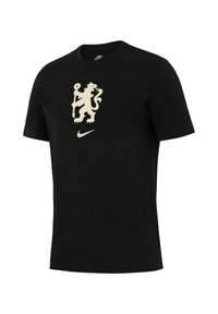 Zwarte t-shirt met korte mouwen, gemaakt van katoen. Heeft een grote crèmekleurige leeuw grafiek en een klein Nike-logo aan de voorkant.