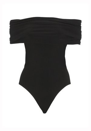 Body nero con scollo a barca arricciato e silhouette aderente.