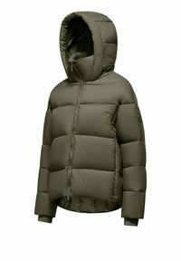 Olijfgroene pufferjack met capuchon, voorzien van een rits aan de voorkant, geborduurd patroon en elastische manchetten.