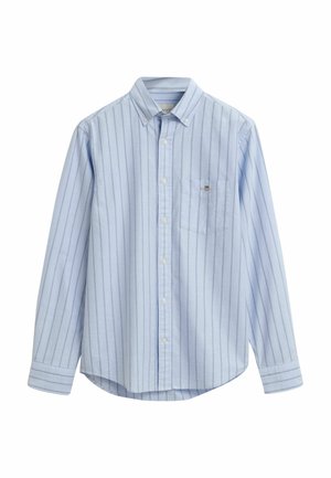 Light blue long-sleeve button-up shirt with white vertical stripes, single chest pocket, and classic collar. Cotton material with a soft texture.