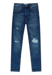 Džíny z denimu v středně modré barvě se zdrsněným designem, s trhlinami a vyblednutím. Klasický pětikapsový styl s běžným pasem a rovným střihem.